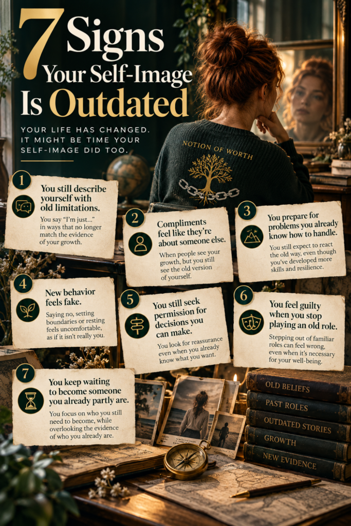 Infographic showing seven signs your self-image may be outdated, including defining yourself by old limitations, seeking permission, feeling uncomfortable with new behavior, and overlooking evidence of personal growth.