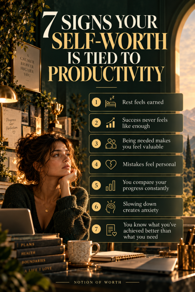 Infographic showing seven signs that self-worth may be tied to productivity, including guilt around rest, pressure to succeed, fear of mistakes, comparison, and anxiety when slowing down.