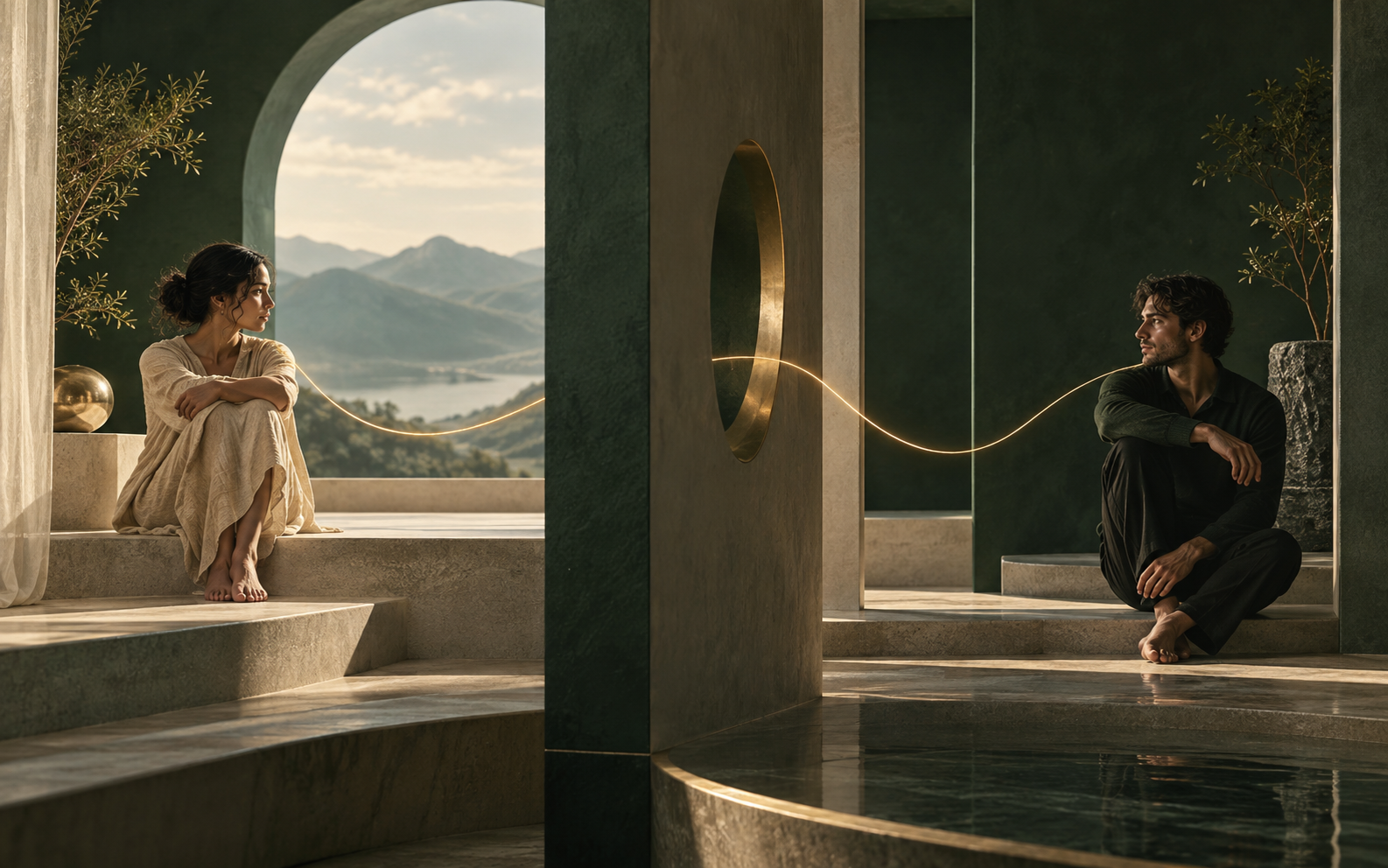 Couple seated apart in a dark green architectural space, connected by a glowing golden thread, symbolizing attachment styles, emotional connection, closeness, distance, and relationship patterns.