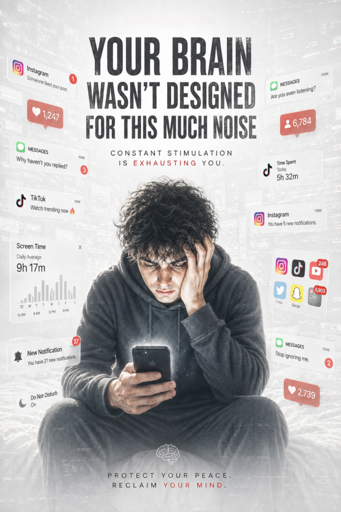Man overwhelmed by smartphone notifications illustrating mental overload, constant digital stimulation, attention fatigue, and the need to reduce digital noise.