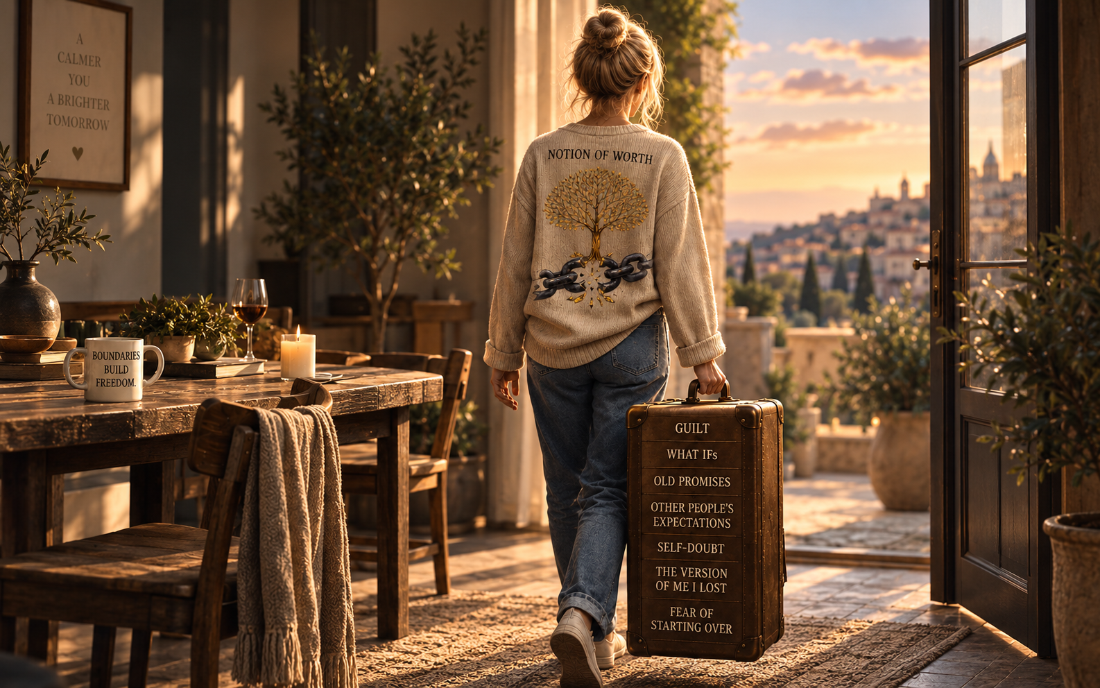 Woman carrying a suitcase symbolizing emotional baggage after a relationship, including guilt, self-doubt, old promises, lost identity, and fear of starting over.