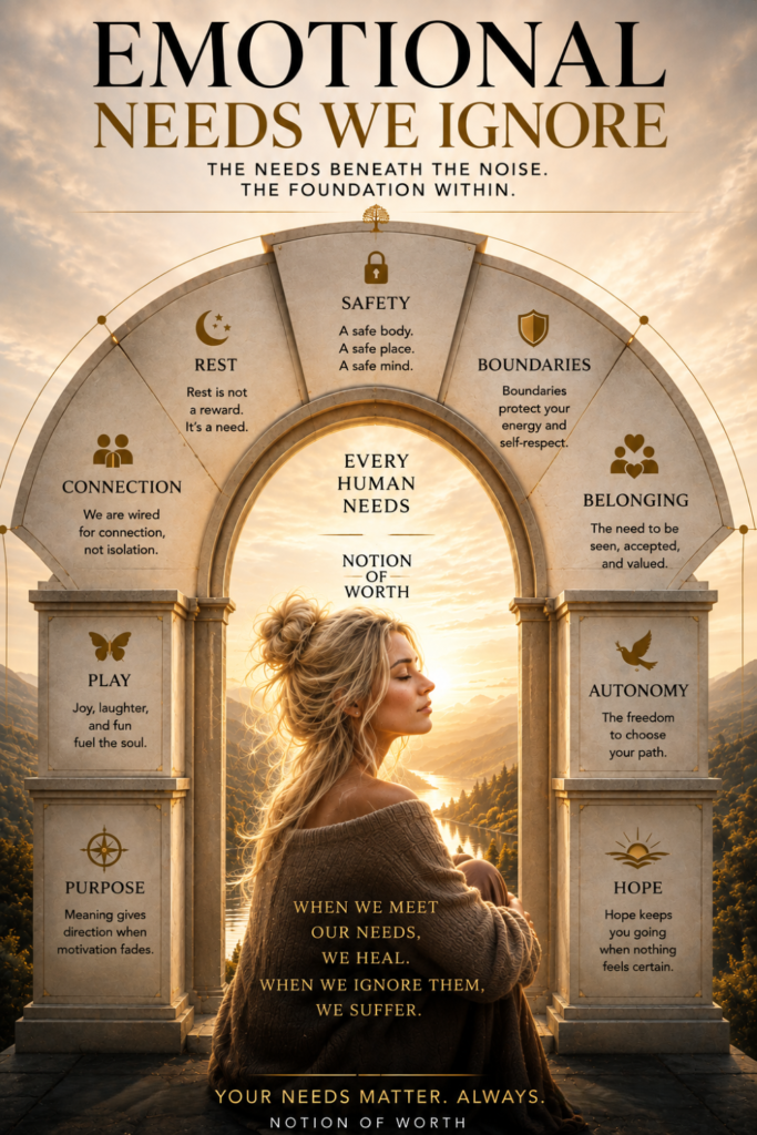 Visual guide to nine emotional needs: safety, rest, connection, boundaries, belonging, play, purpose, autonomy, and hope.