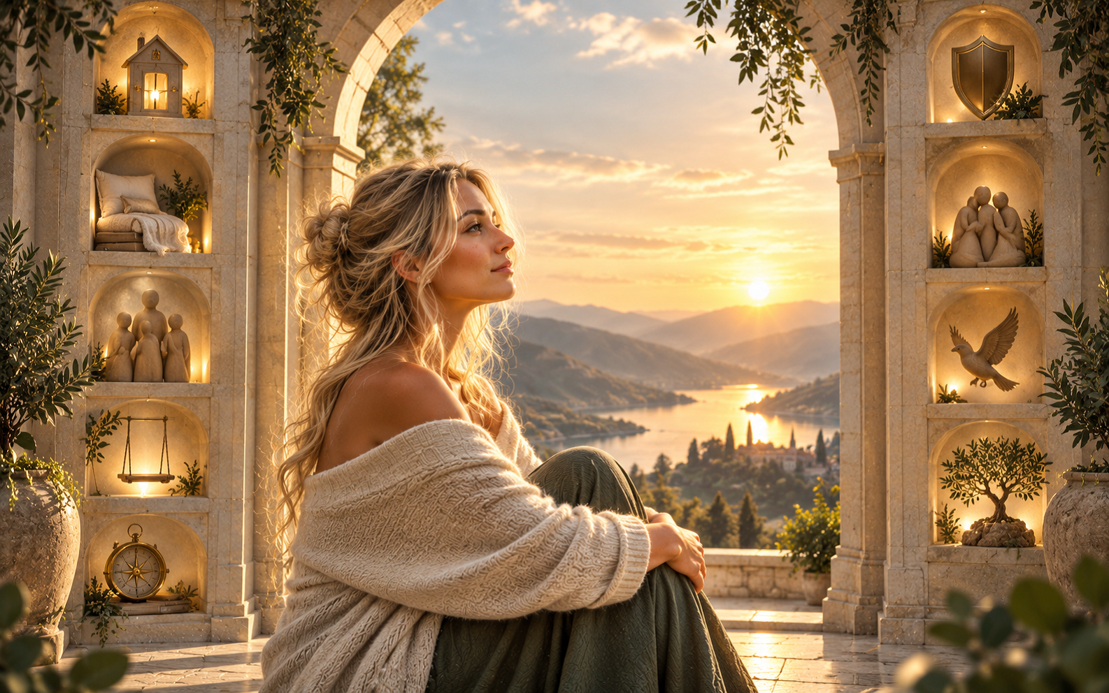 A woman sitting beneath a stone arch at sunset, surrounded by symbolic niches representing emotional needs such as safety, connection, rest, boundaries, purpose, and autonomy.