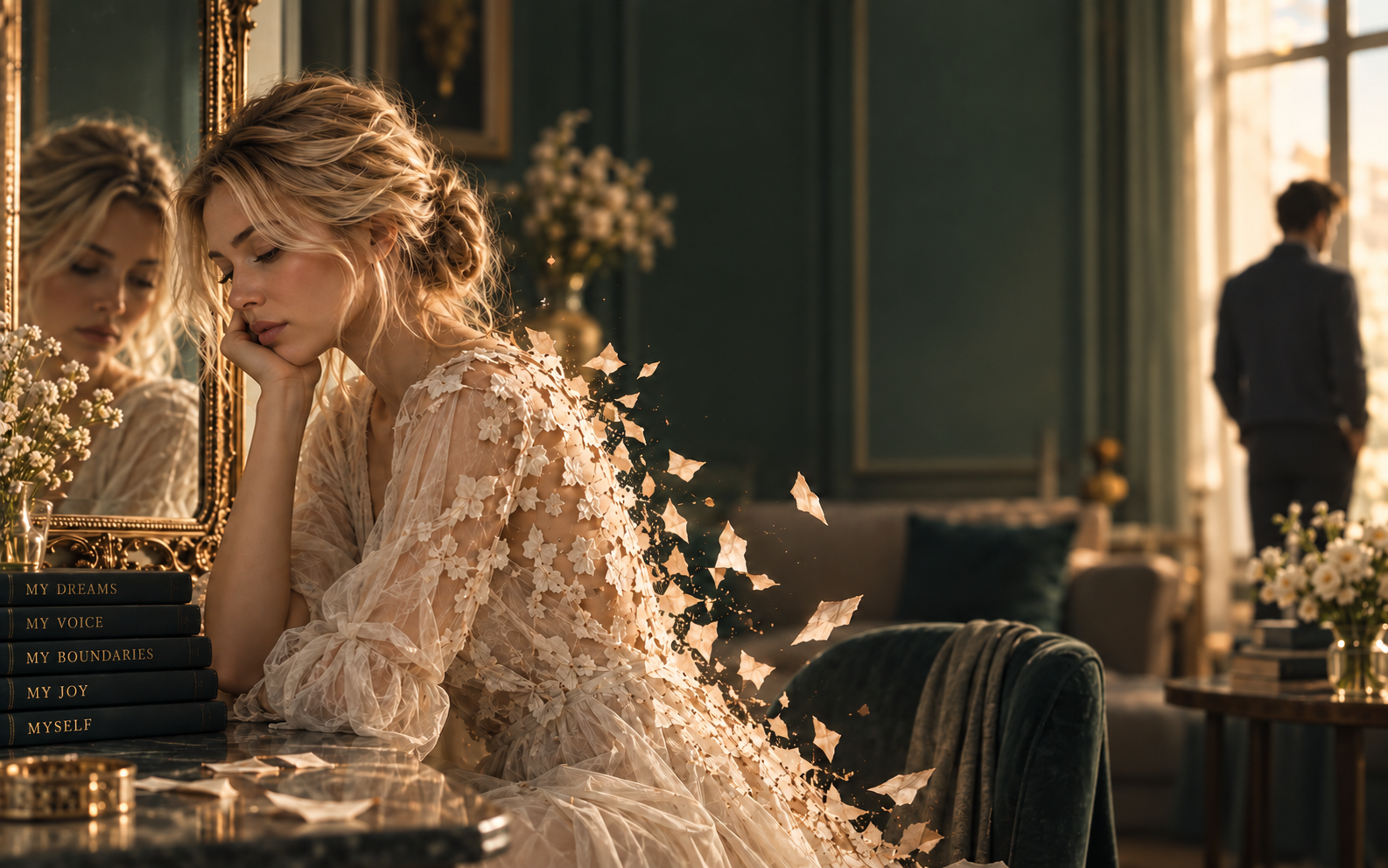 Blonde woman beside a mirror as parts of her figure dissolve into fragments, symbolizing losing your identity in