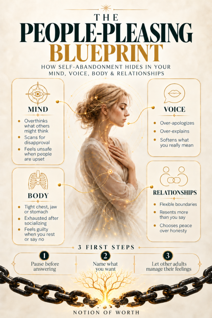 People-pleasing blueprint showing how self-abandonment can appear in the mind, voice, body, and relationships, with three first steps for changing the pattern.