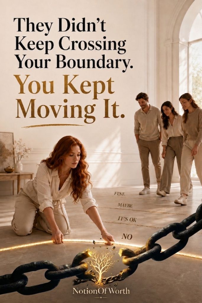 A woman repeatedly moving a glowing boundary line while others stand nearby, symbolizing people-pleasing, shifting boundaries, and self-abandonment in relationships.