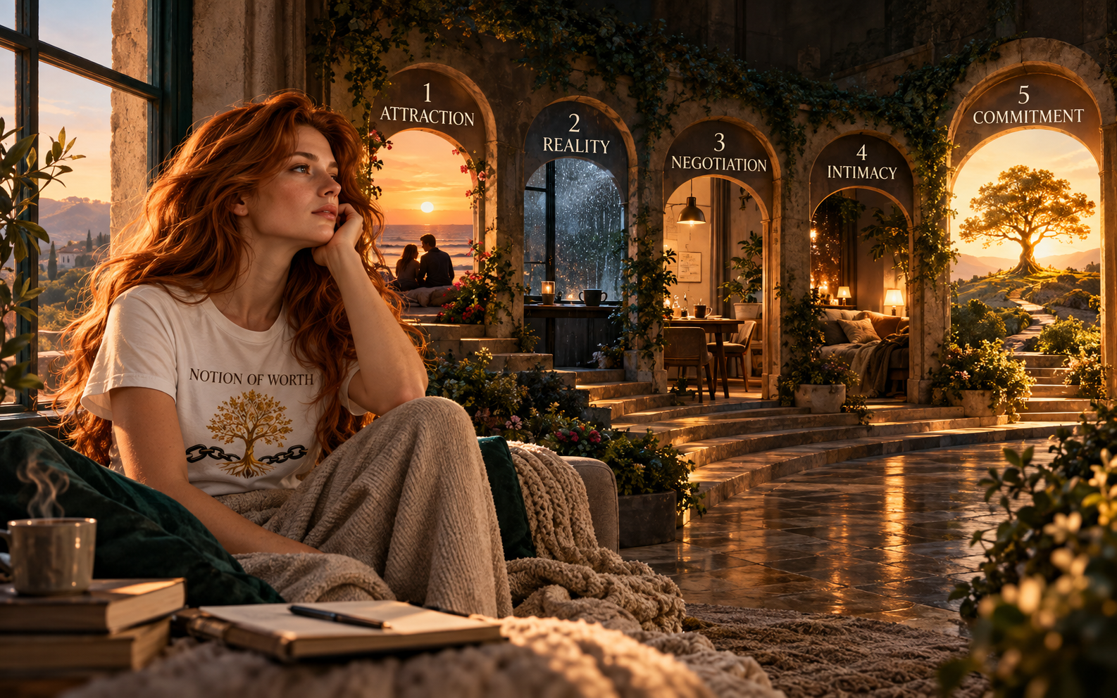 Woman reflecting beside five symbolic arches representing attraction, reality, negotiation, intimacy, and commitment, illustrating the psychological stages of relationship growth