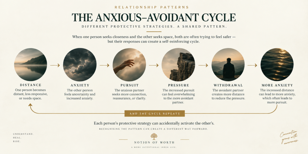 Anxious–avoidant attachment cycle showing how distance can trigger anxiety, pursuit, pressure, withdrawal, and repeated relationship tension between partners
