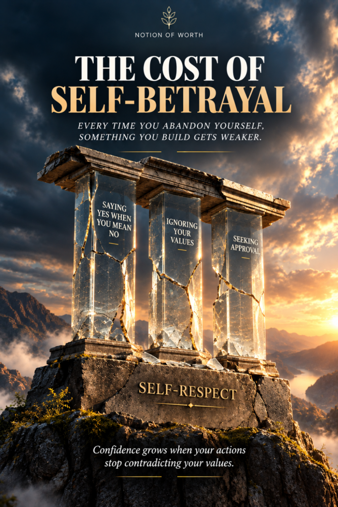Cracked glass pillars labeled saying yes when you mean no, ignoring your values, and seeking approval stand on a foundation marked self-respect, illustrating how self-betrayal can weaken self-trust and confidence.