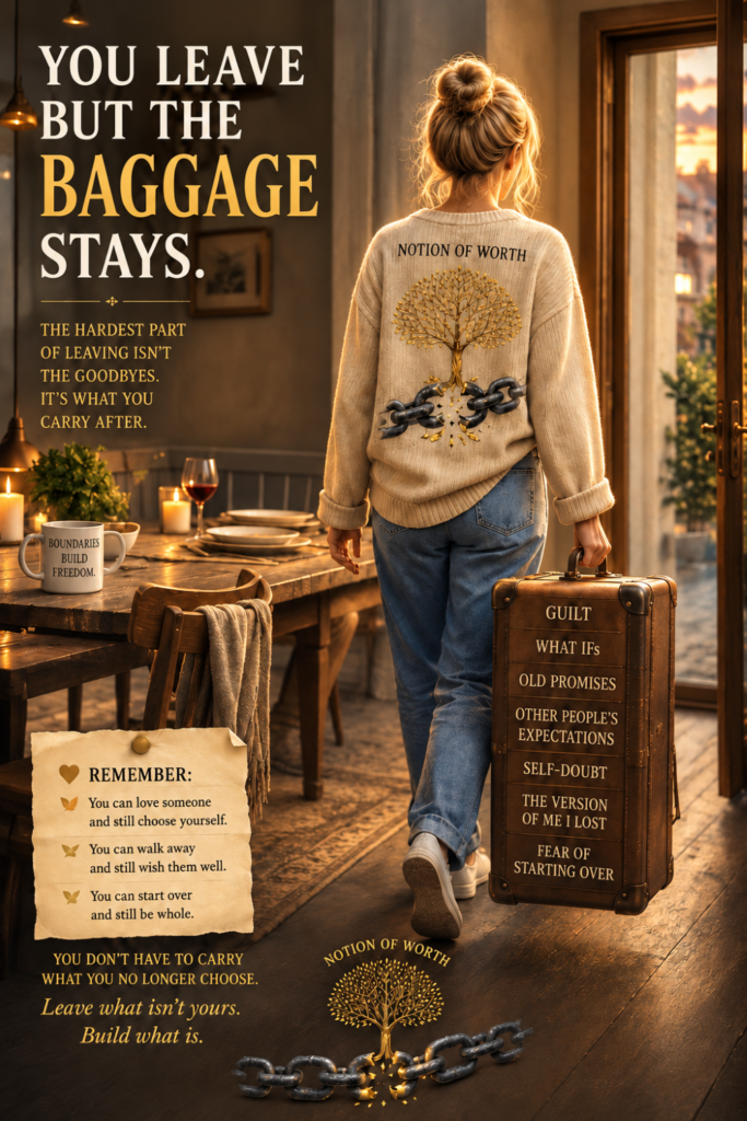 Woman leaving a relationship while carrying a suitcase symbolizing emotional baggage, including guilt, self-doubt, old promises, lost identity, and fear of starting over.