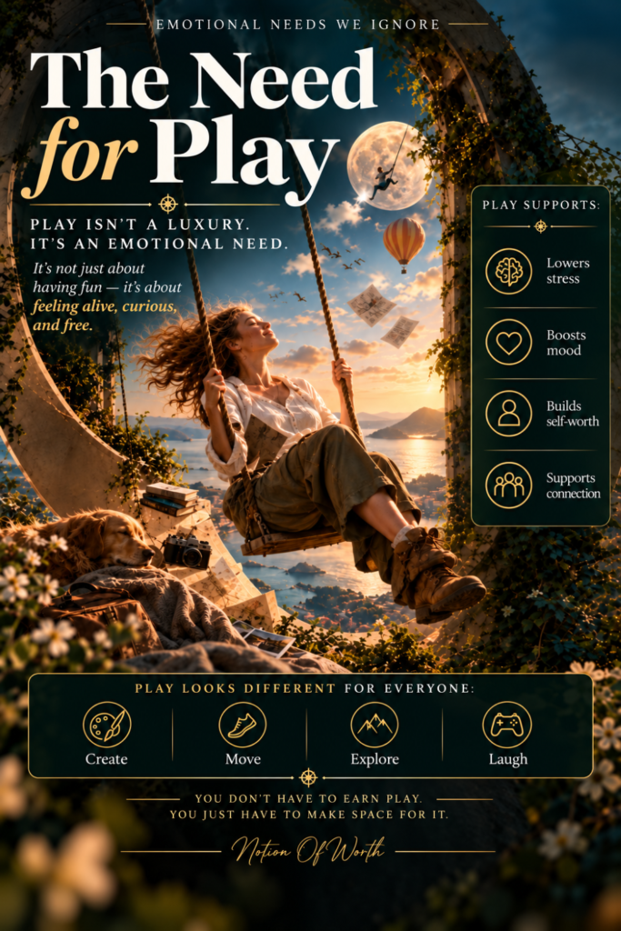 Illustration of a woman on a swing beneath a moonlit sky, symbolizing the emotional need for play, curiosity, creativity, and doing something joyful without needing it to be productive.