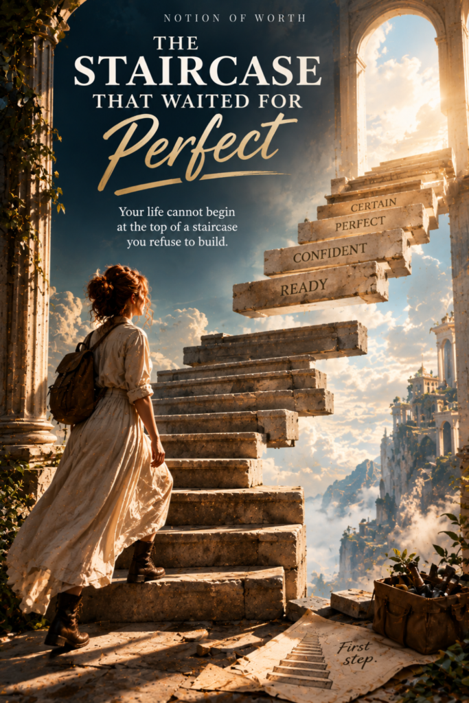 Woman facing an unfinished staircase symbolizing perfectionism, self-sabotage, fear of failure, and waiting to feel ready before taking action.