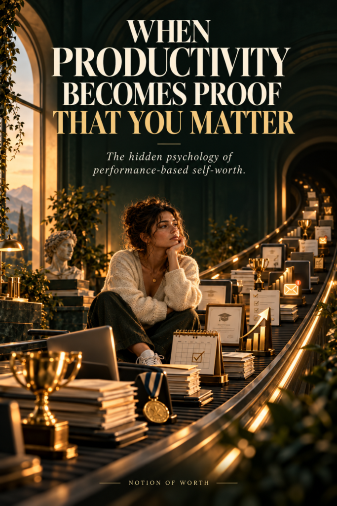 Thoughtful woman sitting on an endless conveyor of trophies, certificates, checklists, and achievement symbols, representing the cycle of using productivity as proof of personal worth.