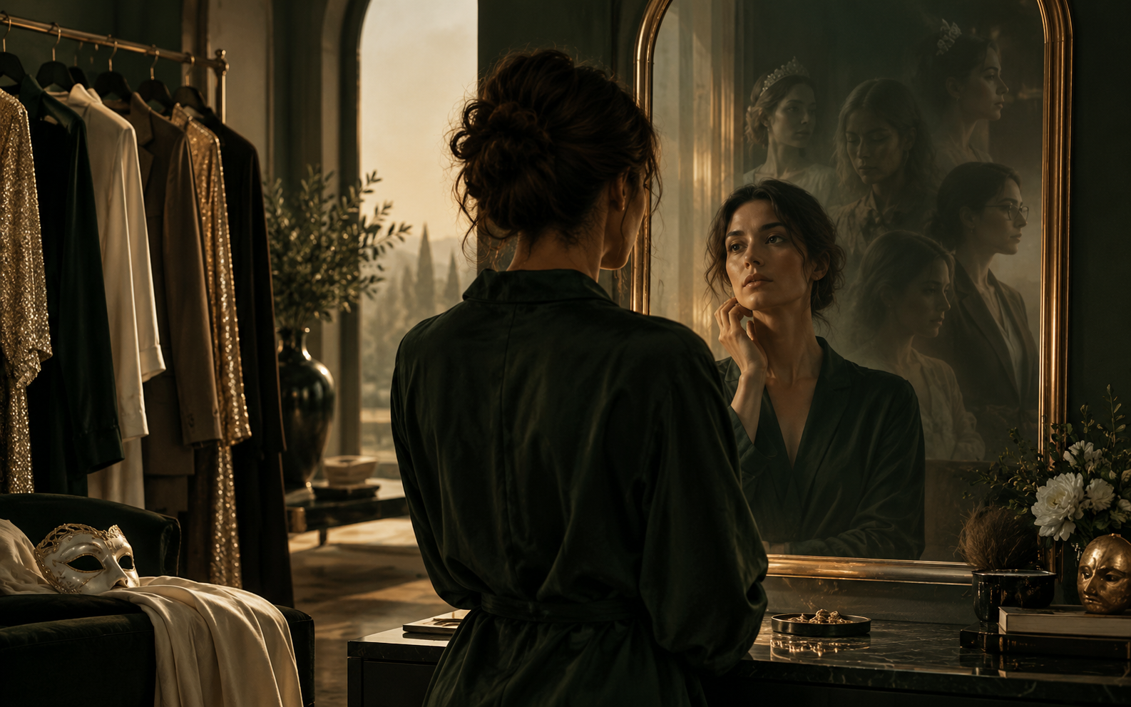 Woman looking into a mirror with multiple reflected versions of herself, representing learned roles, identity, and self-discovery.
