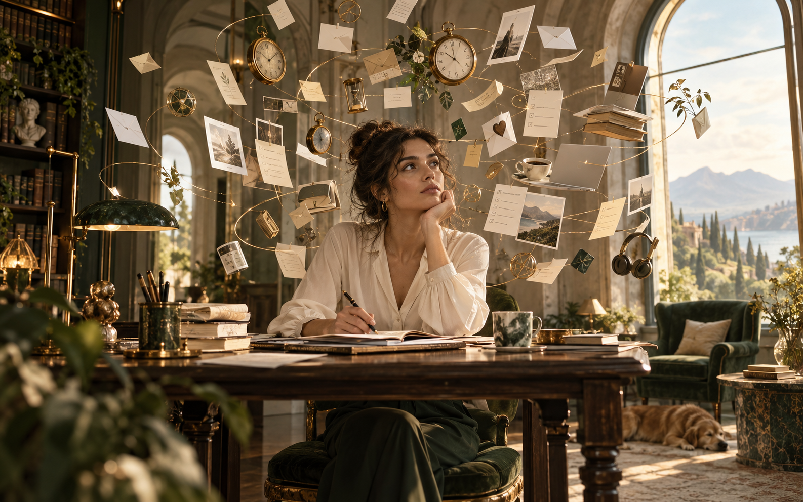 A thoughtful woman surrounded by floating notes, clocks, and papers, symbolizing mental overload, overstimulation, constant input, and fragmented attention.