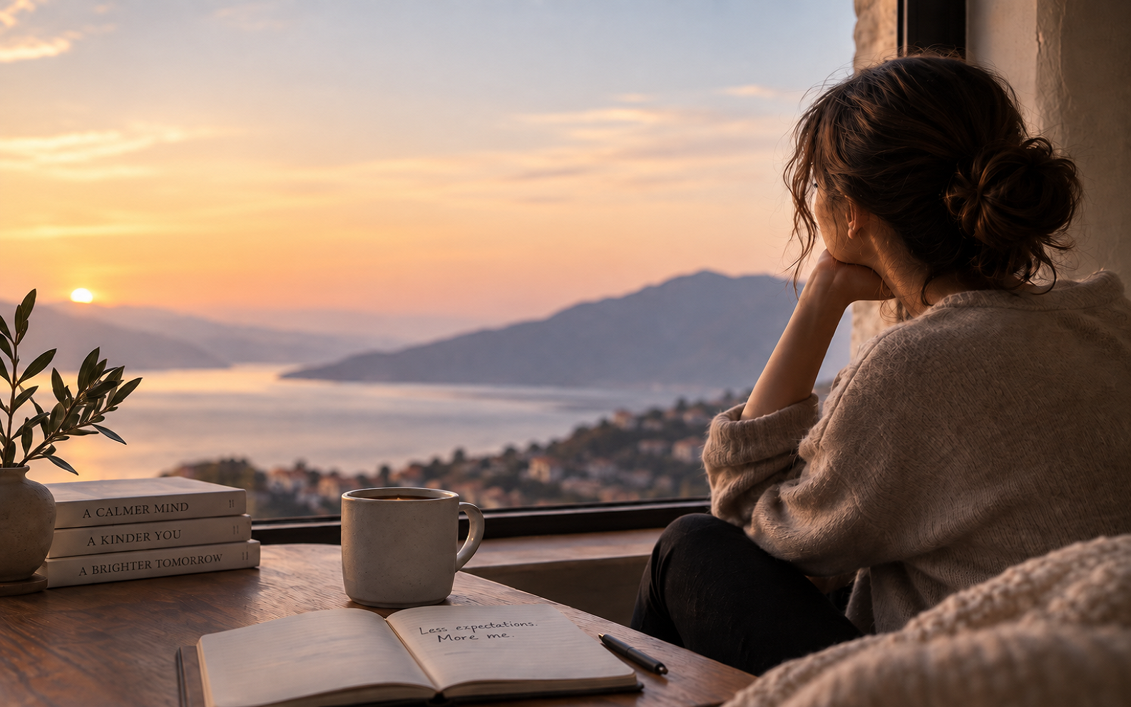 Woman sitting by a window at sunset, reflecting beside an open journal and books — a calm visual about self-discovery, personal values, and learning what you truly want.