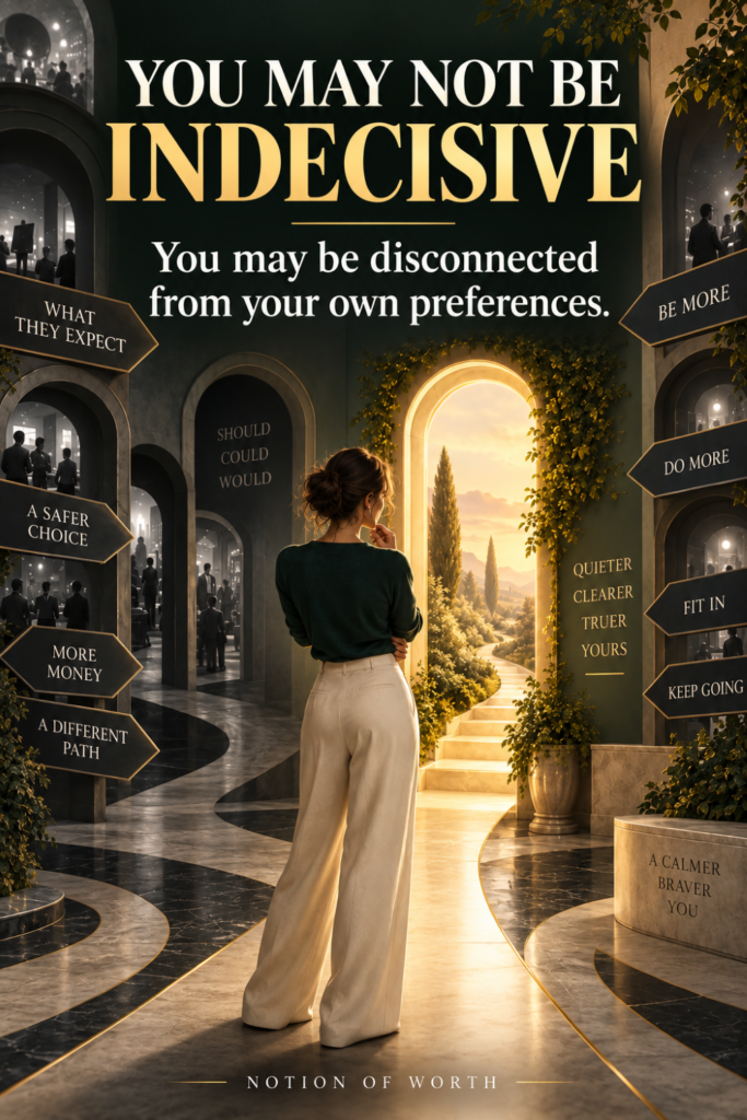 Woman standing between paths shaped by expectations and personal choice, symbolizing self-discovery and reconnecting with what you truly want.