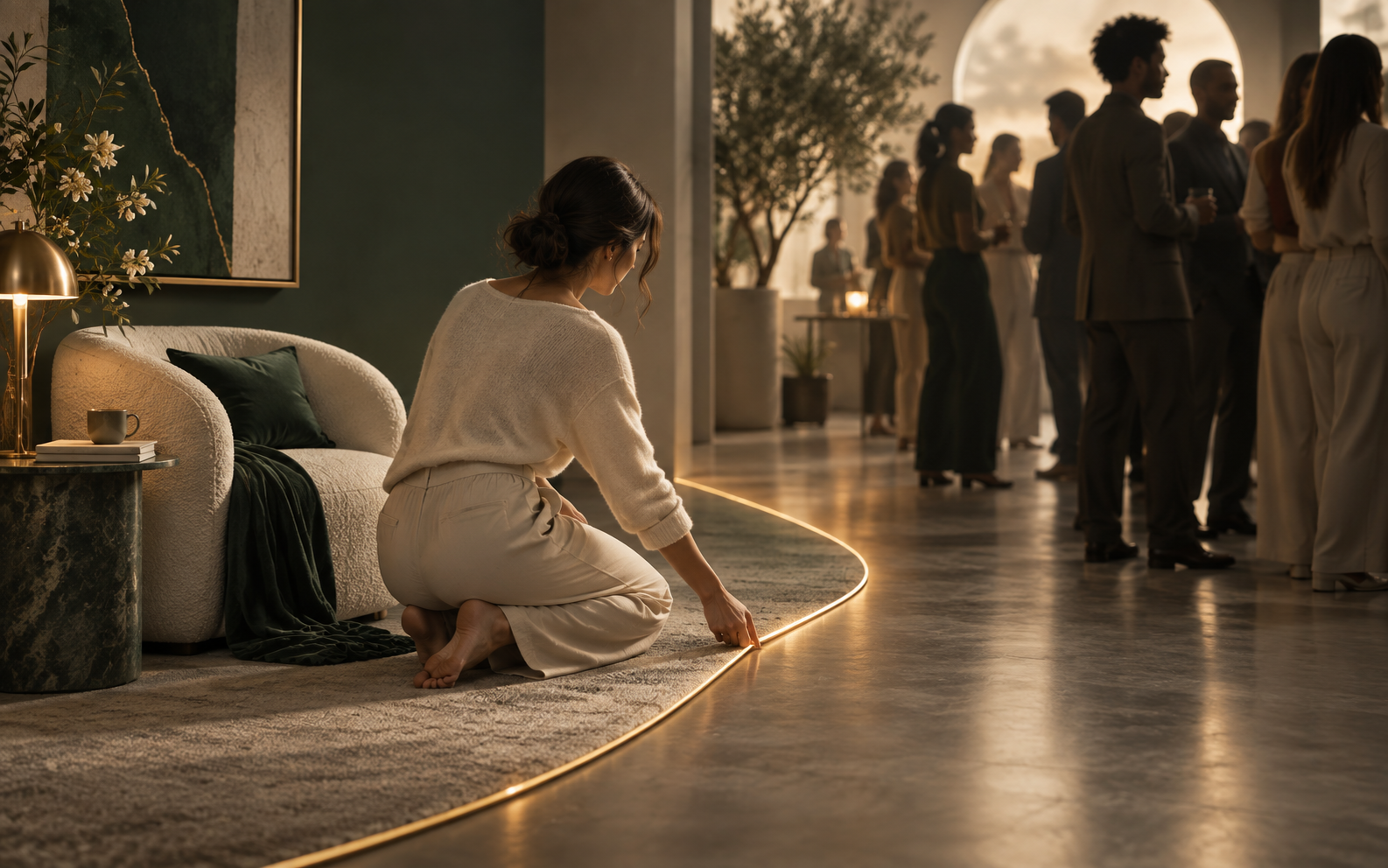 Woman pulling back a glowing boundary line as a crowd moves closer, symbolizing moving boundaries, people-pleasing, self-abandonment, and the struggle to maintain healthy boundaries.