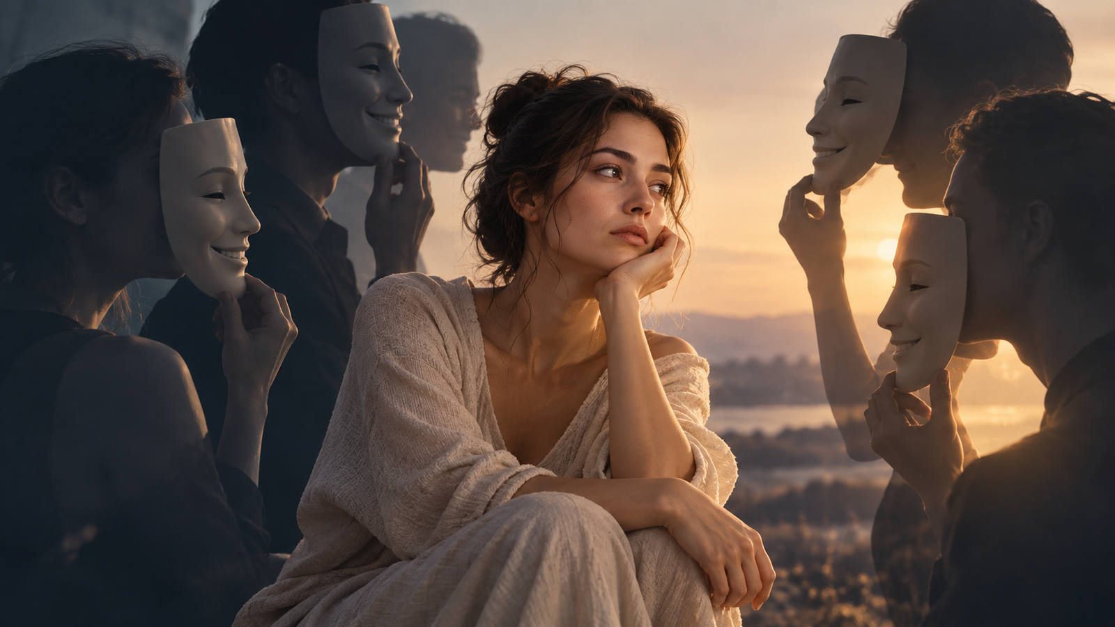 Young woman sitting thoughtfully while surrounded by shadowed figures holding smiling masks, symbolizing people-pleasing, emotional pressure, and the loss of self in relationships.