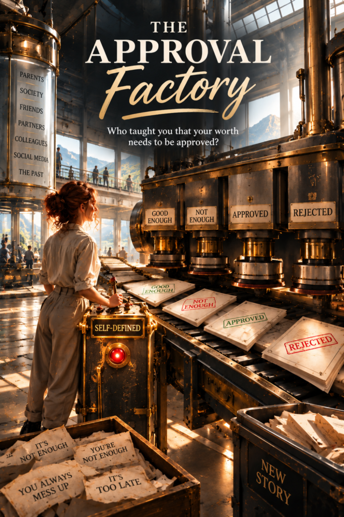 The Approval Factory illustration showing seeking validation as a system where files are stamped GOOD ENOUGH, NOT ENOUGH, APPROVED and REJECTED, while a woman activates a SELF-DEFINED control, symbolizing the shift from external approval toward internally defined self-worth.