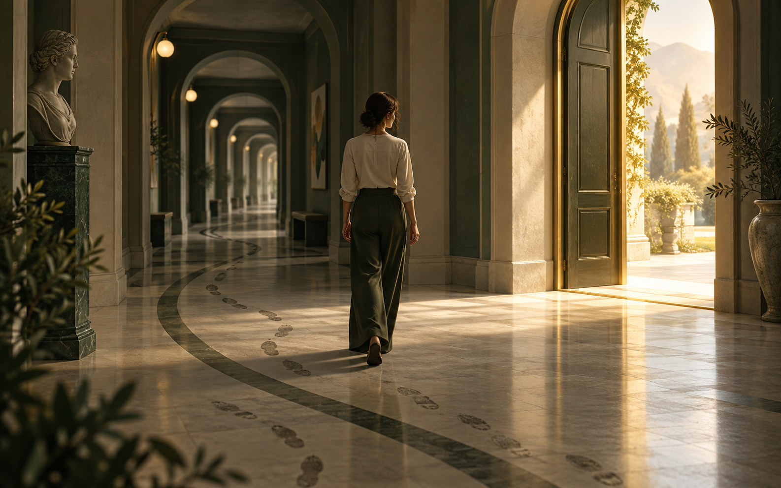 A person walking through an elegant hallway repeatedly passing an open doorway filled with warm golden light, symbolizing self-sabotage, avoidance, overthinking, and the difficulty of acting on what you know you want.