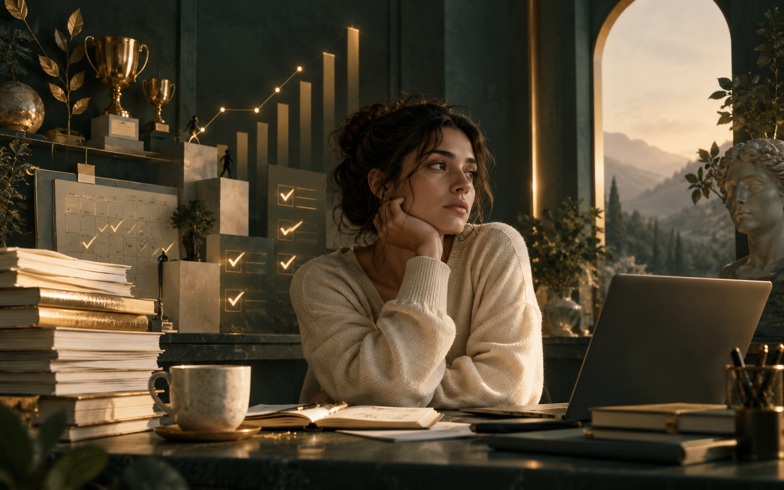 Pensive woman seated at a desk surrounded by trophies, completed-task symbols, books, charts, and productivity tools, reflecting the pressure of tying self-worth to achievement and performance.