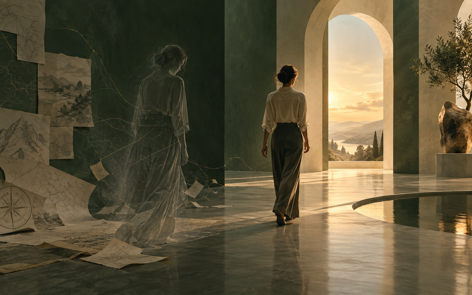 Woman walking toward warm light while a translucent version of her old self lingers behind among faded maps, symbolizing personal growth, identity change, and a self-image that has not yet caught up.