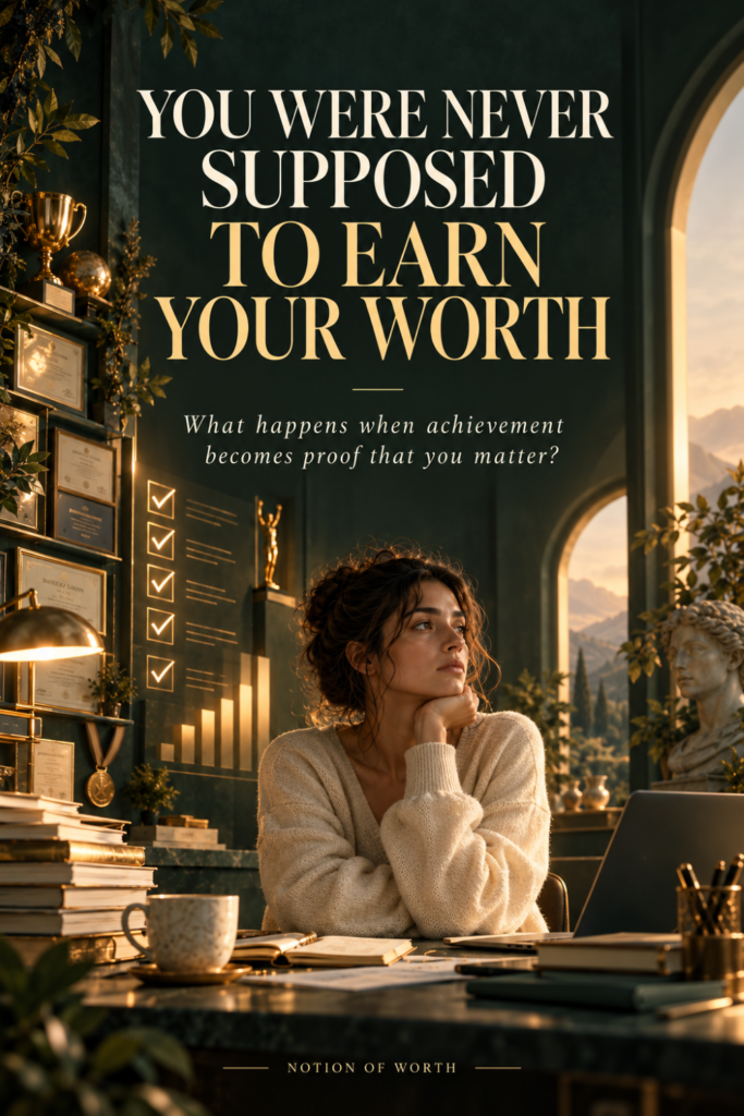 Woman surrounded by trophies, certificates, charts, and completed tasks, illustrating how achievement can become tied to self-worth and the need to constantly prove personal value.