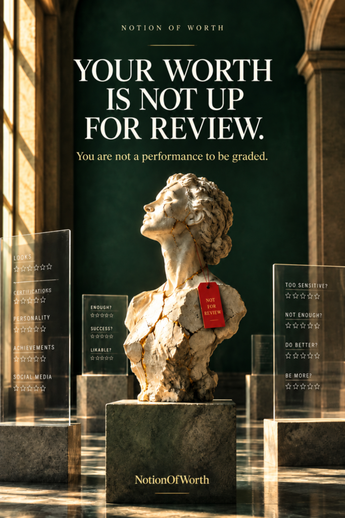 Your worth is not up for review — editorial illustration about self-worth, external validation, approval seeking, and learning to stop measuring your value through other people’s opinions.