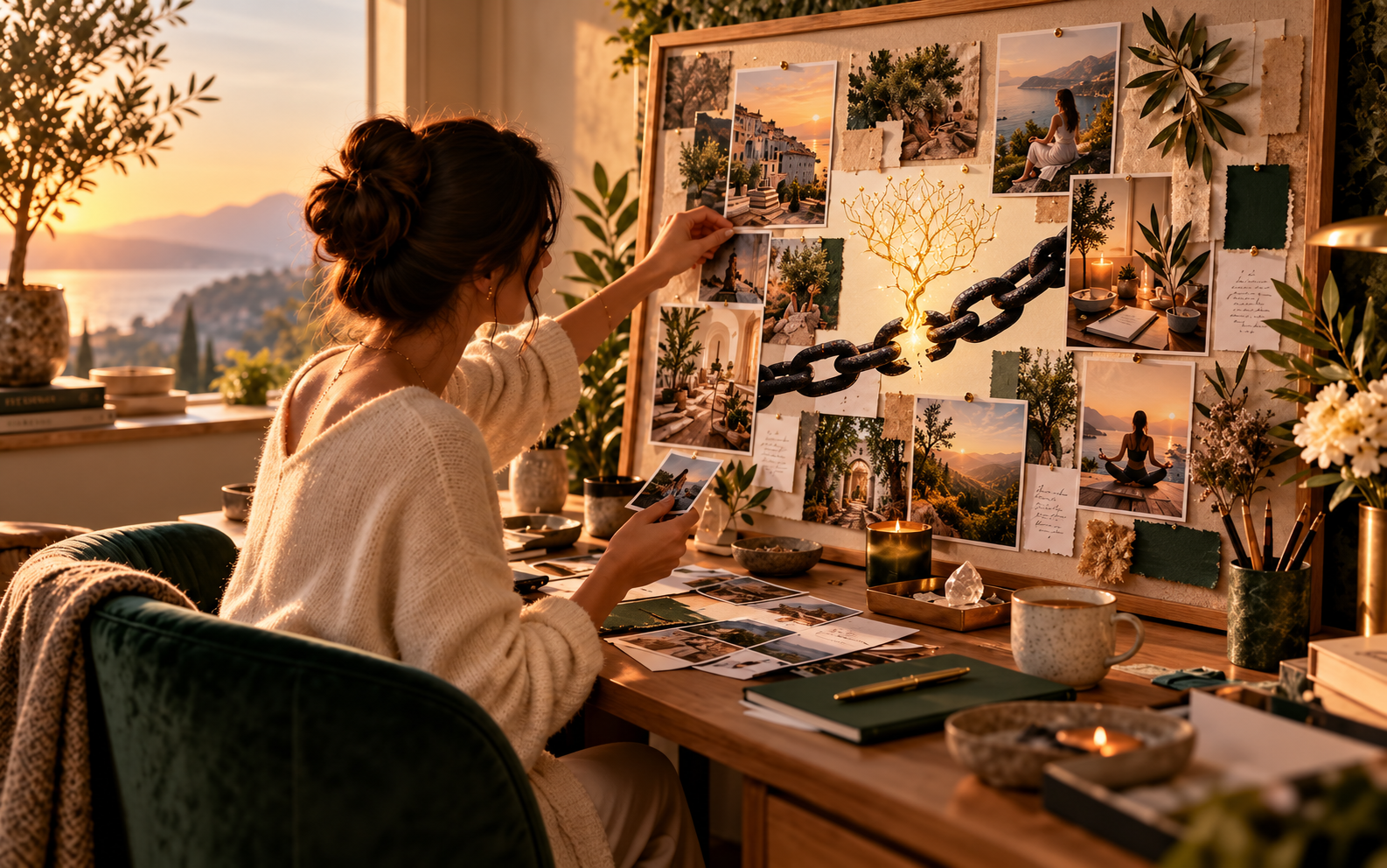 Hero image for how to create a vision board, showing a woman arranging images of travel, rest, nature and intentional living around a broken black chain with a golden energy tree.