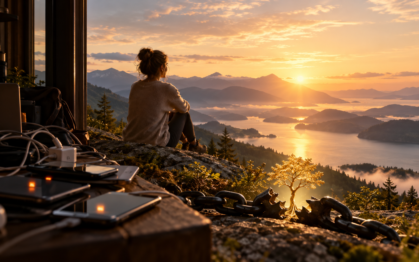 Digital detox hero image showing a woman overlooking a peaceful mountain lake at sunset, with disconnected phones, cables, and a broken black chain beside a glowing golden tree symbolizing reclaimed attention and reconnection with real life.