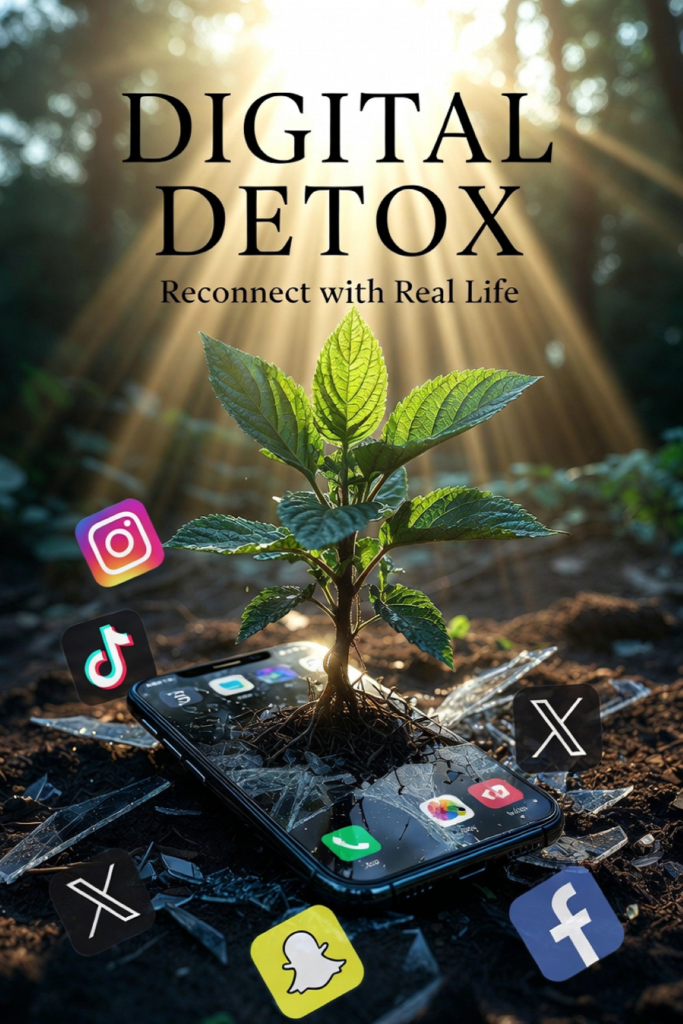 Digital detox concept showing new plant growth emerging from a smartphone surrounded by social media icons, symbolizing reduced screen time, freedom from digital overload, and reconnecting with real life.