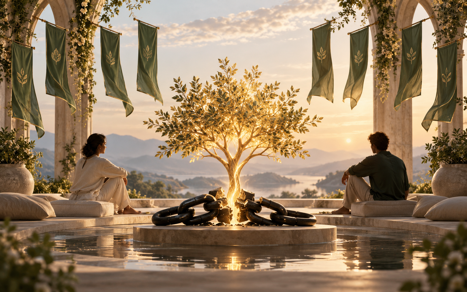 A glowing golden tree emerging directly from a broken black chain, framed by green banners, with two people seated apart in a calm open terrace overlooking mountains and water, symbolizing trust, autonomy, dignity, and healthy connection.