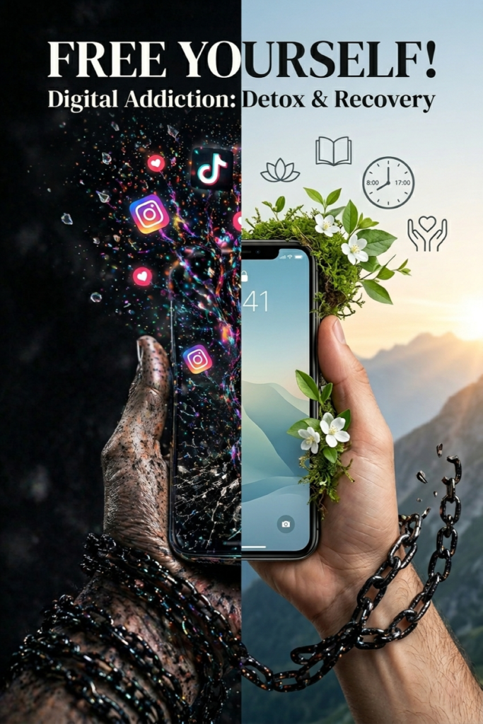 Hand holding a smartphone between digital overload and a calmer natural scene, with a broken chain symbolizing freedom from compulsive scrolling, digital addiction, and the effort to reclaim attention and reconnect with real life.