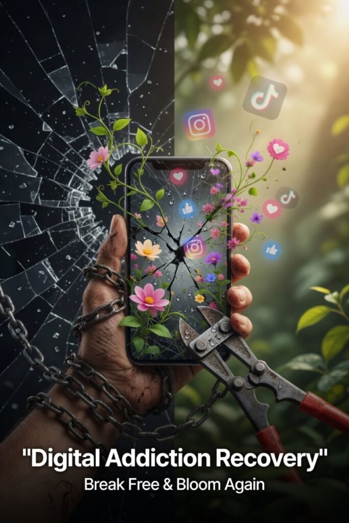 Hand holding a smartphone beside a glowing tree emerging from a broken chain, symbolizing healing from digital addiction, reducing compulsive scrolling, reclaiming attention, and rebuilding a healthier relationship with technology.