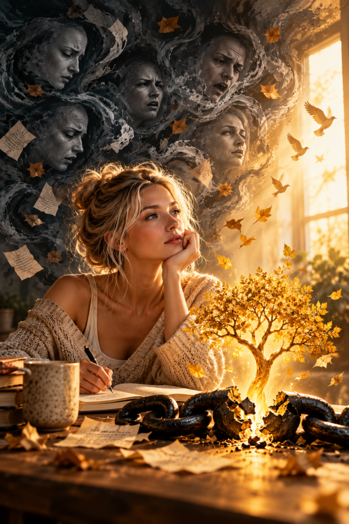 Blonde woman journaling as shadowy inner critics surround her and a golden tree rises from a broken black chain, symbolizing changing negative self-talk and rebuilding self-worth.