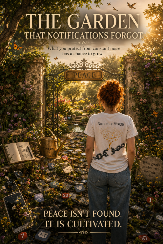 Digital detox illustration showing a woman entering a quiet garden through a gate marked Peace, leaving digital noise behind and symbolizing reconnection with nature, presence, and real life.