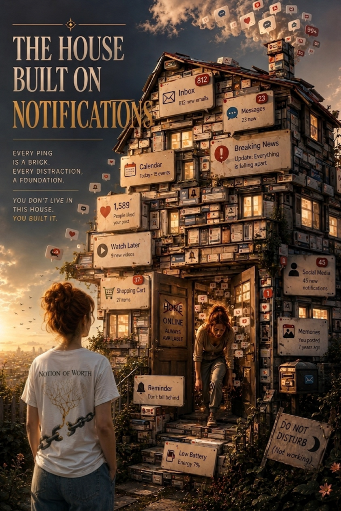 Digital overload illustration showing a woman facing a towering house covered in notification windows, alerts, and digital messages, symbolizing how constant interruptions can dominate attention and everyday life.