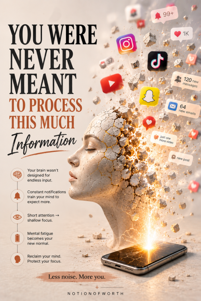 Digital overload illustration showing a stylized sculptural female head surrounded by social media icons, notifications, and fragments of information, representing the mental strain of processing constant digital input.