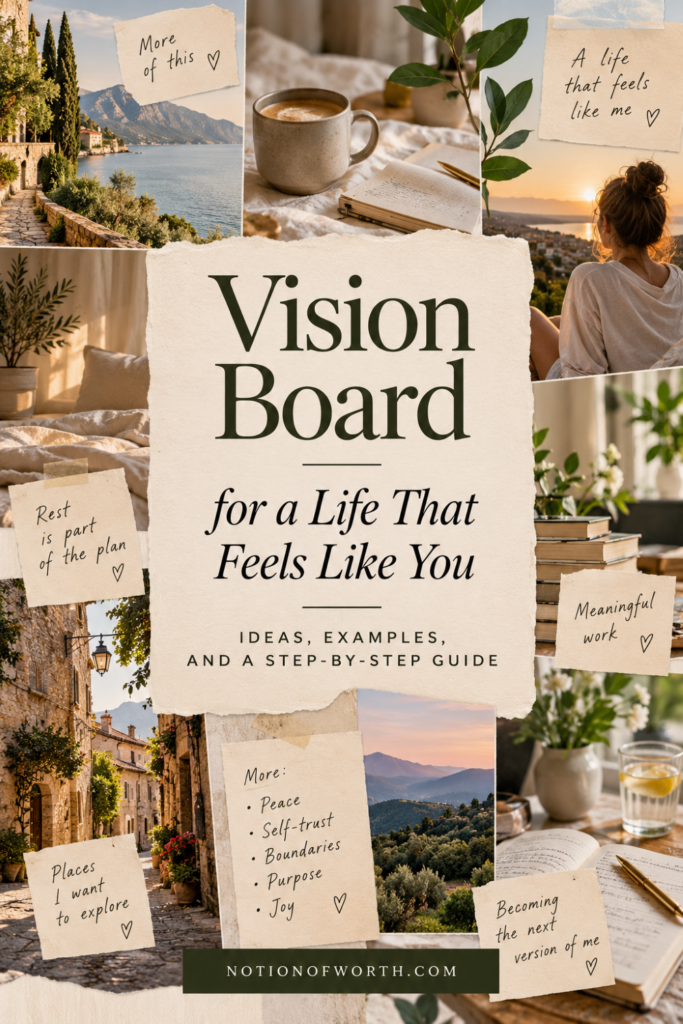 Vision board ideas collage featuring travel, peaceful mornings, journaling, meaningful work, rest, nature, self-trust, boundaries and personal growth for creating a life that feels authentic and intentional.