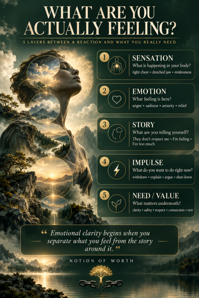 Infographic showing five layers of emotional clarity — sensation, emotion, story, impulse, and need/value — beside a gender-neutral figure in a surreal mountain landscape, illustrating how to understand emotions more clearly.