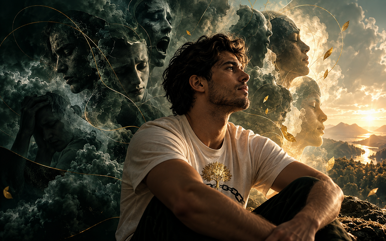 Man sitting in reflection as layered faces and contrasting dark and light surroundings symbolize different emotions, inner conflict, and growing emotional clarity.
