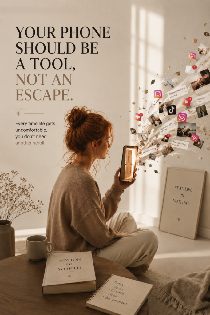 Digital detox illustration showing a woman seated with her phone as a stream of notifications, app icons, and digital content spills into the surrounding space, symbolizing the difference between intentional technology use and using a phone as an escape.