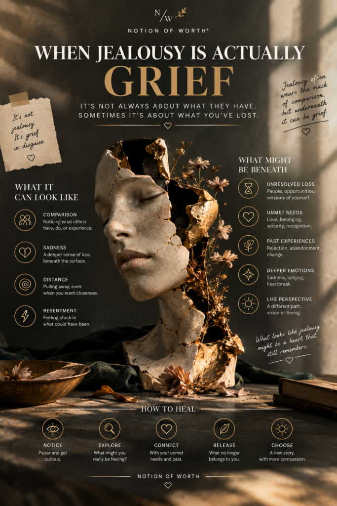 When jealousy is actually grief infographic exploring comparison, unresolved loss, unmet needs, past experiences, and emotional healing.