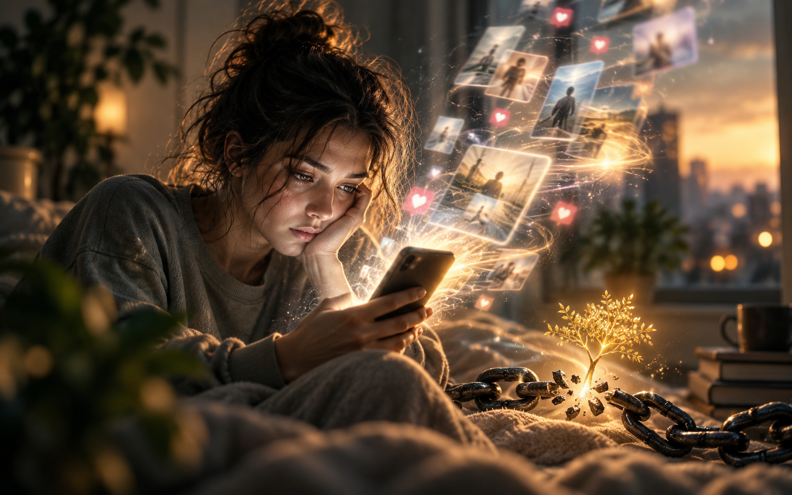 Young woman absorbed in smartphone scrolling as floating social media content surrounds her, illustrating social media addiction, compulsive scrolling, digital overstimulation, and the struggle to reclaim attention, with a broken black chain and glowing golden tree symbolizing recovery.