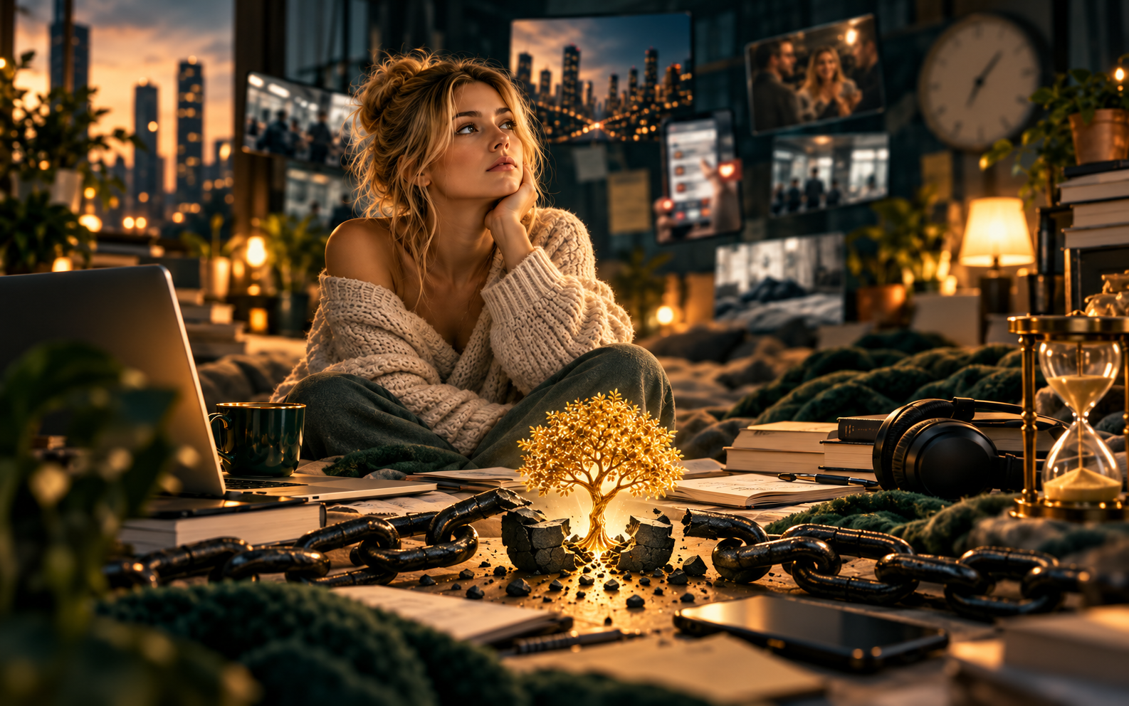 Why you keep distracting yourself illustrated by a calm woman surrounded by blurred activity, papers, work, and visual noise, representing emotional avoidance, constant stimulation, and the struggle to reconnect with your inner experience.