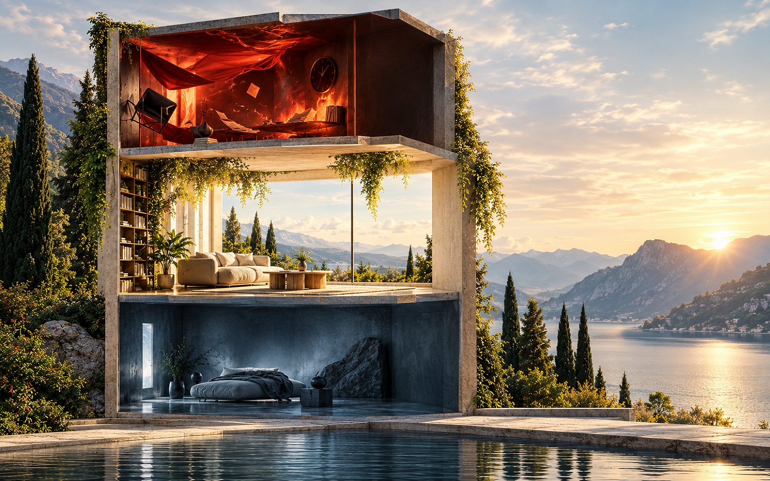 Surreal three-level house illustrating hyperarousal, emotional regulation, and hypoarousal within the window of tolerance.