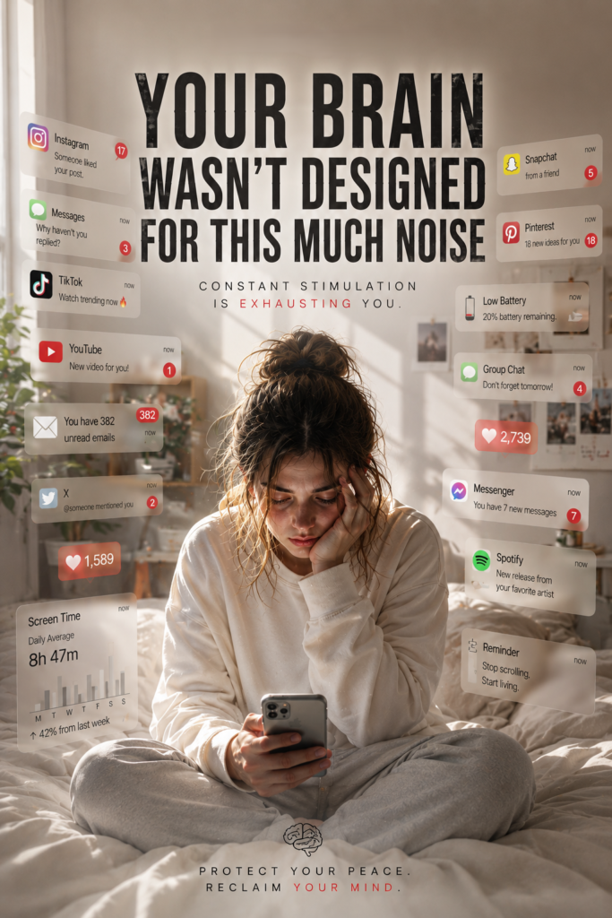 Digital overload illustration showing a woman sitting on a bed with her phone while notifications and app icons surround her, representing constant digital stimulation, fragmented attention, and mental noise.